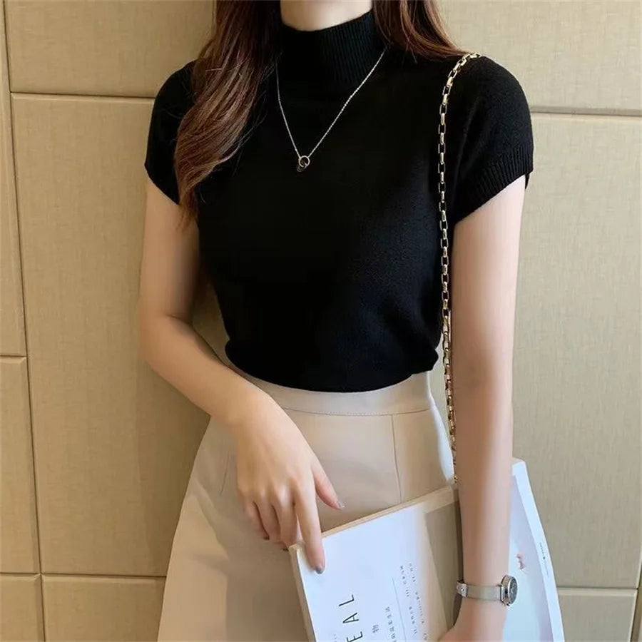 Half-High Neck T-Shirt Women's Fashion Jumper Casual Tops Korean Style Elegant Solid-Coloured Clothing Spring And Summer Season