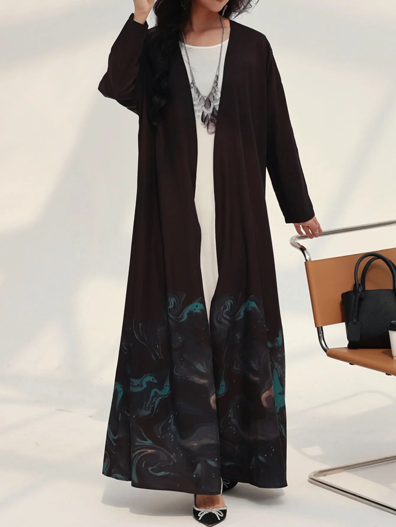 Middle-East Islamic Open Front Abaya Muslim Full Sleeve Loose Printed Elegant  Abayas Turkey Kaftans Women Jilbabs Maxi Dresses