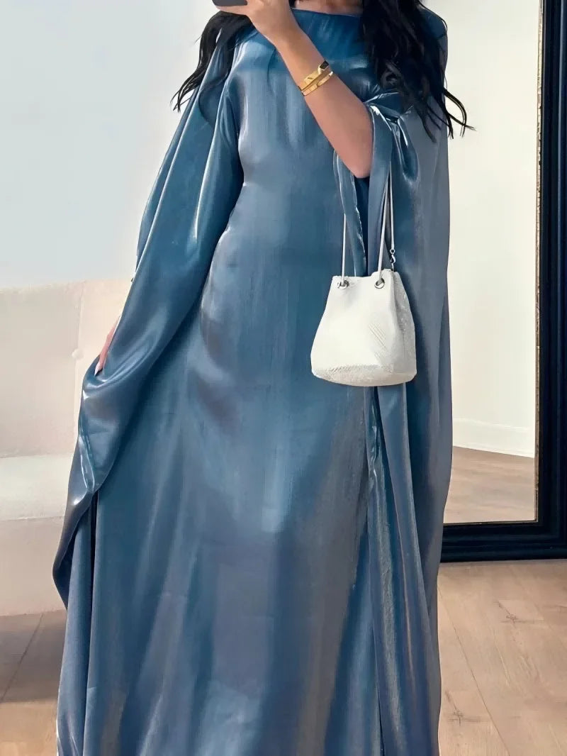Muslim  High-End Solid Color Shiny Satin Batwing Sleeve Dress Long Robe Abaya Loose Maxi Dresss