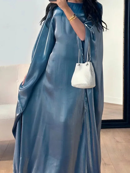 Muslim  High-End Solid Color Shiny Satin Batwing Sleeve Dress Long Robe Abaya Loose Maxi Dresss