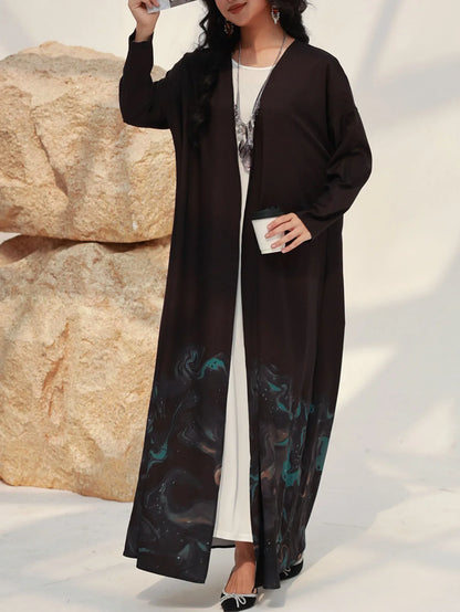 Middle-East Islamic Open Front Abaya Muslim Full Sleeve Loose Printed Elegant  Abayas Turkey Kaftans Women Jilbabs Maxi Dresses