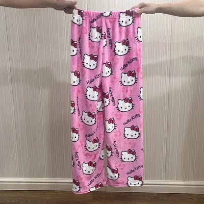 Christmas Sanrio Hello Kitty Pajamas Halloween Flannel Fashion Trouserswomen Kawaii Woolen Anime Cartoon Casual Home Pant Autumn