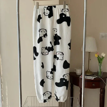 Christmas Sanrio Hello Kitty Pajamas Halloween Flannel Fashion Trouserswomen Kawaii Woolen Anime Cartoon Casual Home Pant Autumn