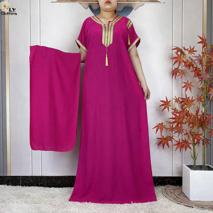 African Abayas New For Women Pure Color Cotton Islam Kaftan Maxi Short Sleeves Dresses Femme Muslim Casual Robe With Headscarf