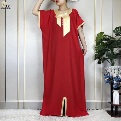 African Abayas New For Women Pure Color Cotton Islam Kaftan Maxi Short Sleeves Dresses Femme Muslim Casual Robe With Headscarf