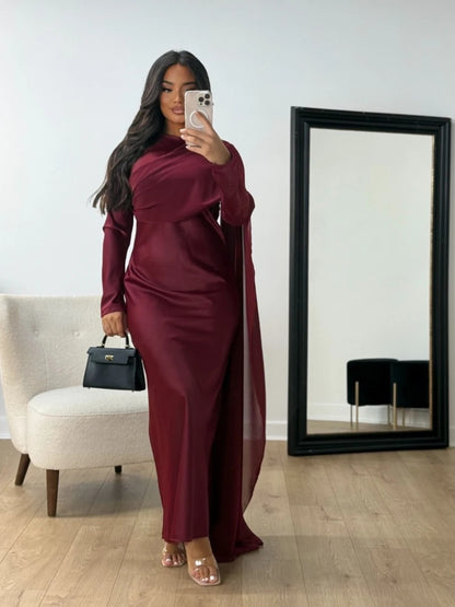 Burgundy Abaya Women Satin Modest Evening Dress Simple Hot Sale Cocktail Gown With Side Cape Elegant Arabic Long Sleeves Robe