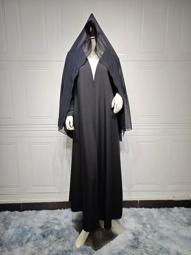 2025 New Abaya Under Dress Kaftan Solid Ramadan Muslim Sets Exquisite Embroidery Embroidery Coat with Headband Islamic Clothing